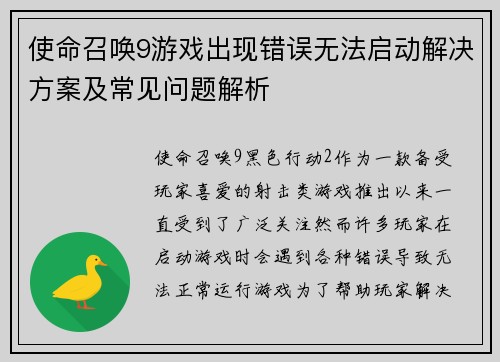 使命召唤9游戏出现错误无法启动解决方案及常见问题解析