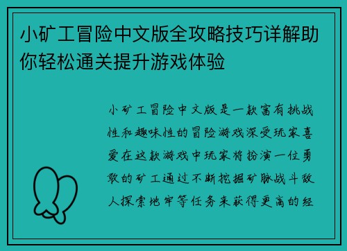 小矿工冒险中文版全攻略技巧详解助你轻松通关提升游戏体验