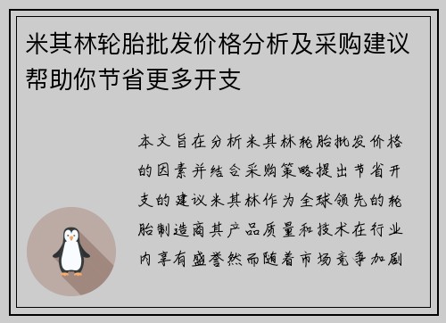 米其林轮胎批发价格分析及采购建议帮助你节省更多开支